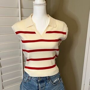 Double Zero Cream and Red Striped Polo Top